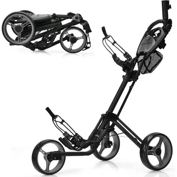GYMAX Folding Push Cart, 3 Wheel Height Adjustable Lightweight Trolley W/Umbrella Holder & Mesh Bag, Quick Open Fold Golf Cart